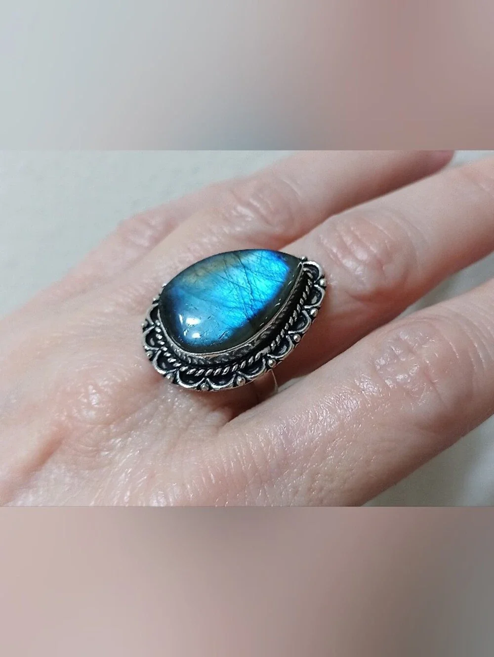 Natural Blue Flash Labradorite Teardrop BOHO Silver Ring Size 7.75